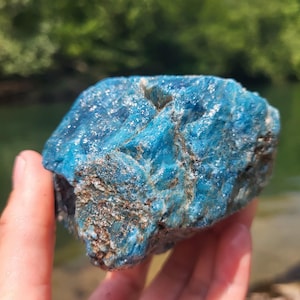 Peut inclure: Une pierre d'apatite bleue brute et vibrante. La pierre présente une structure cristalline avec un mélange de teintes bleues et brunes. L'arrière-plan est flou, avec une rivière et des arbres visibles.