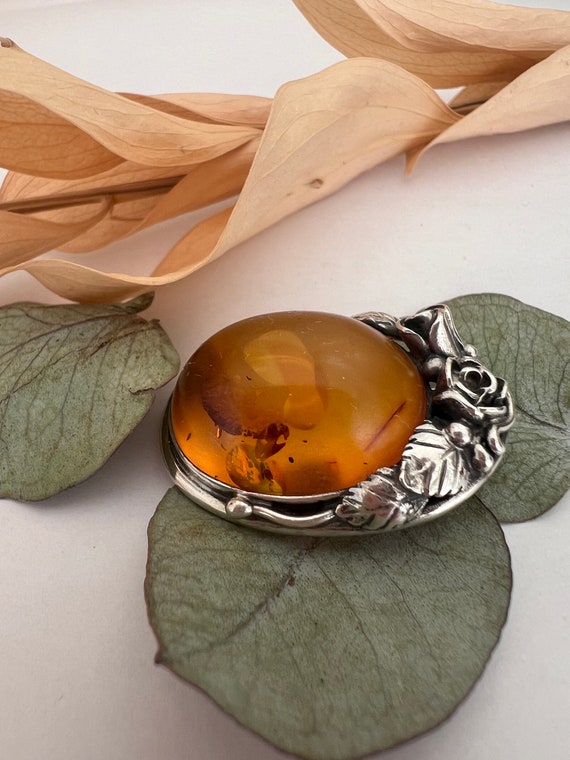 Vintage Amber Cabochon Brooch with Sterling Silve… - image 2