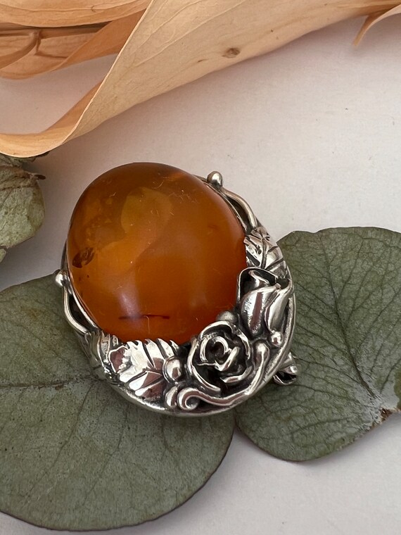 Vintage Amber Cabochon Brooch with Sterling Silve… - image 3