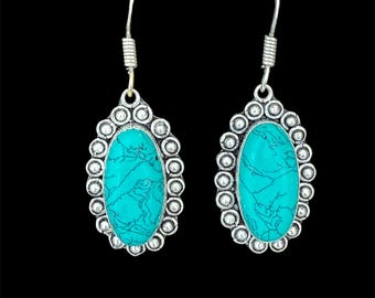 Pendientes colgantes grandes bohemios de turquesa en plata de ley. Joyería bohemia para festivales. Plata 925