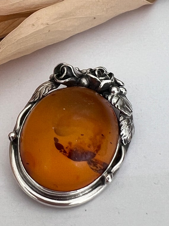 Vintage Amber Cabochon Brooch with Sterling Silve… - image 7