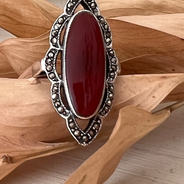 Large Sterling Silver Oval Carnelian and Marcasite Ring. Carnelian Statement Ring.