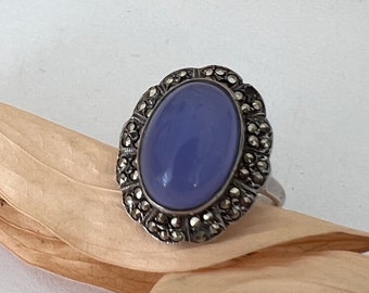 Art Deco Sterling Silver Blue Agate and Marcasite Ring.