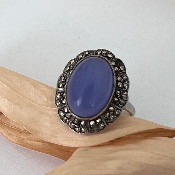 Art Deco Sterling Silver Blue Agate and Marcasite Ring.