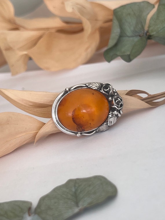 Vintage Amber Cabochon Brooch with Sterling Silve… - image 5