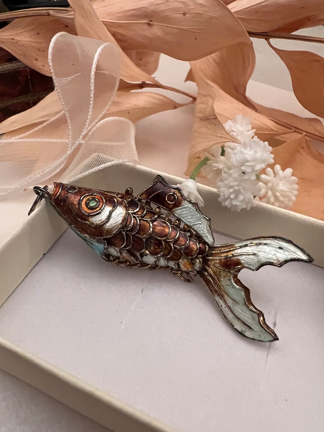Vintage Cloisonne Articulated Asymmetrical Fish Handmade Drop Earrings