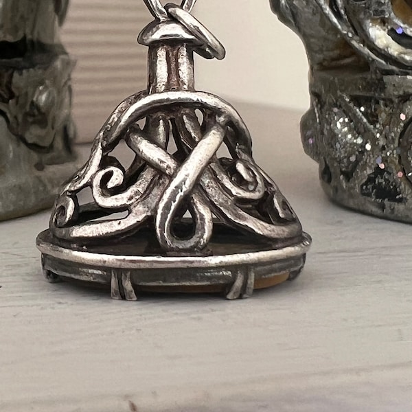 Vintage 1960s Sterling Silver Victorian Revival Tigers Eye Ornate Fob Charm.