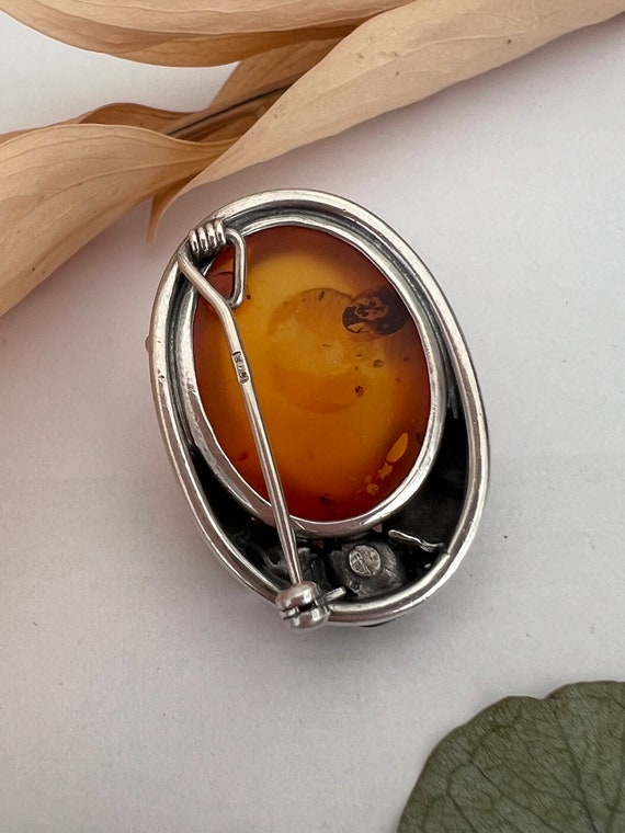 Vintage Amber Cabochon Brooch with Sterling Silve… - image 6