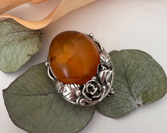 Broche Barrette Ancienne En Argent 925 - Sertie D'un Cabochon D'ambre Authentique