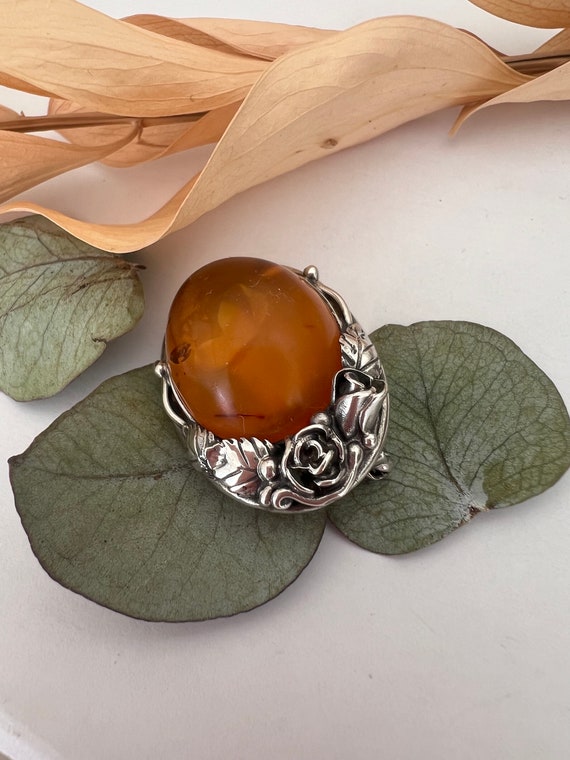 Vintage Amber Cabochon Brooch with Sterling Silve… - image 8