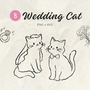 Könnte beinhalten: Schwarz-Weiß-Illustration mit zwei Katzen, eine mit Schleier und die andere mit Fliege, mit dem Text "Wedding Cat". Enthält auch einen Ring mit Pfotenabdruck und einen Blumenstrauß.