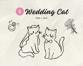 May include: A black and white illustration featuring two cats, one wearing a veil and the other a bow tie, with the text "Wedding Cat". Additional elements include a ring with a paw print and a bouquet of flowers.