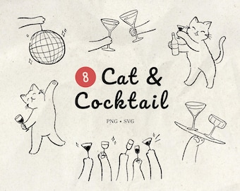 Hand Drawn Cat and Cocktail Clipart | Whimsical Wedding Bar, Doodle Bartender Cats SVG PNG
