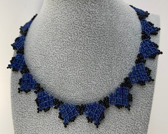 Blue and black seed bead lace pyramid collar necklace