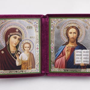 Diptych Icon Of Kazan MOTHER Of GOD And Jesus CHRIST, Handmade Icons Of Theotokos And Jesus Christ, Foldable Icon, Orthodox Diptych 7.9x4.5&quot;