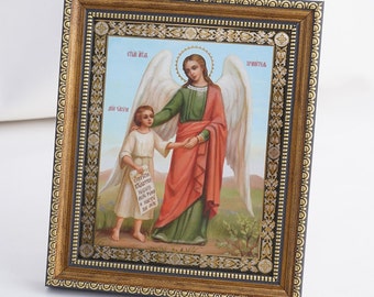 GUARDIAN ANGEL With CHILD Icon, Personalized Icon, Orthodox Handmade Icon Of Guardian Angel, Christian Icons, Byzantine Icons, 11x13 Icon
