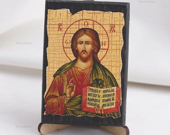 Ikona Jezusa Chrystusa, Ikony chrześcijańskie, Ręcznie robiona grecka prawosławna ikona Chrystusa Zbawiciela, Religijny wystrój domu, Drewniane ikony