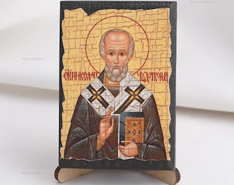 Ikona ŚW. MIKOŁAJA, Ikony Chrześcijańskie, Ręcznie Robiona Grecka Prawosławna Ikona Świętego Mikołaja, Religijny Wystrój Domu, Drewniane Ikony