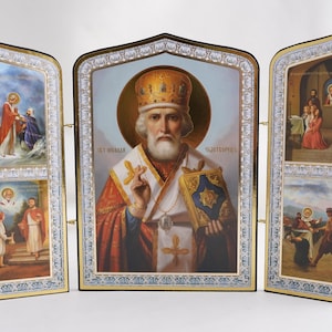Triptych Orthodox Icon, Saint NICHOLAS Orthodox Icon, Handmade Orthodox Icon Of The Saint Nicholas, Religious Icon Home Decor 7.5x11&#39;&#39;