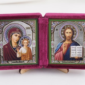 Diptych Icon Of Kazan MOTHER Of GOD And Jesus CHRIST, Handmade Icons Of Theotokos And Jesus Christ, Foldable Icon, Orthodox Diptych 5.9x3.1&quot;