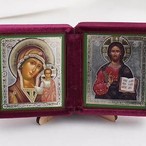Diptych Icon Of Kazan MOTHER Of GOD And Jesus CHRIST, Handmade Icons Of Theotokos And Jesus Christ, Foldable Icon, Orthodox Diptych 5.9x3.1&quot;