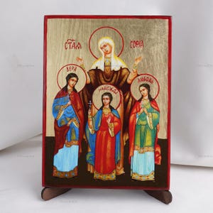 Icon Of Saints FAITH HOPE LOVE And Sophia, Christian Icons, Handmade Orthodox Icon Of Saint Martyrs, Home Decor, Wood Icons, 6.7x9 inch