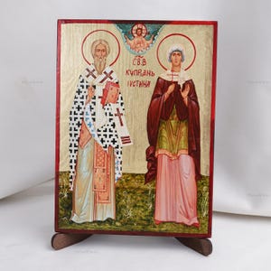 Icon Of SAINTS CYPRIAN And JUSTINA, Christian Icons, Handmade Orthodox Icon Of Saint Cyprian And Justina, Home Decor, Wood Icon, 6.7x9 inch