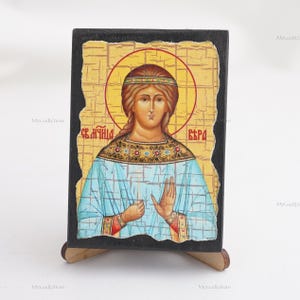 Icon Of SAINT MARTYR FAITH, Christian Icons, Handmade Greek Orthodox Icon Of Saint Vera, Religious Home Decor, Wood Icons
