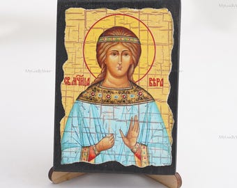 Icon Of SAINT MARTYR FAITH, Christian Icons, Handmade Greek Orthodox Icon Of Saint Vera, Religious Home Decor, Wood Icons