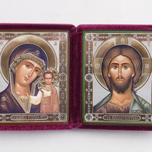 Diptych Icon Of Kazan MOTHER Of GOD And Jesus CHRIST, Handmade Icons Of Theotokos And Jesus Christ, Foldable Icon, Orthodox Diptych 7.9x4.5&quot;