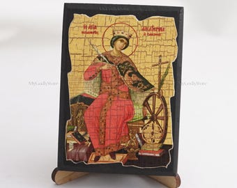 Icon Of SAINT CATHERINE, Christian Icons, Handmade Greek Orthodox Icon Of Saint Catherine Of Alexandria, Religious Home Decor, Wood Icons