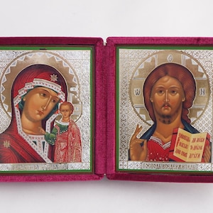 Diptych Icon Of Kazan MOTHER Of GOD And Jesus CHRIST, Handmade Icons Of Theotokos And Jesus Christ, Foldable Icon, Orthodox Diptych 7.9x4.5&quot;