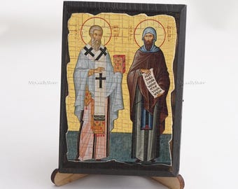 Icon Of SAINTS CYRIL And METHODIUS, Christian Icons, Handmade Greek Orthodox Icon Of Saints, Religious Home Decor, Wood Icons