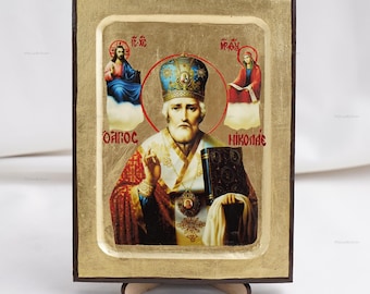 Ikona ŚW. MIKOŁAJA, Ikony chrześcijańskie, Ręcznie robiona prawosławna ikona Świętego Mikołaja, Dekoracja do domu, Drewniane ikony 5,1 x 6,7 cala