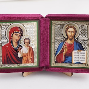 Diptych Icon Of Kazan MOTHER Of GOD And Jesus CHRIST, Handmade Icons Of Theotokos And Jesus Christ, Foldable Icon, Orthodox Diptych 5.9x3.1&quot;