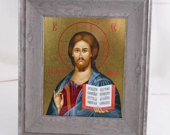 Ikona CHRYSTUSA ZBAWICIELA, Ikona personalizowana, Prawosławna ręcznie robiona ikona Jezusa Chrystusa, Ikony chrześcijańskie, Ikony prawosławne, 17 x 21 cm