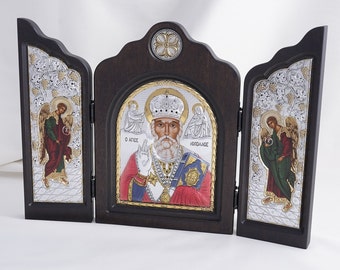 Greek Icons, Color Icon Triptych Of The NICHOLAS The WONDERWORKER, Silver Handmade Icons, Orthodox Christian Icons, Byzantine Icons