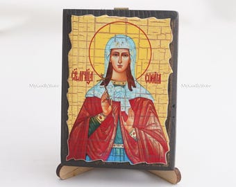Handmade Saint Sophia Icon, Greek Orthodox Wood Icon, Religious Decor