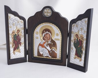Greek Icons, Color Icon Triptych Of The MOTHER Of GOD, Silver Handmade Icons, Orthodox Christian Icons, Byzantine Icons