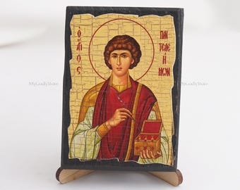 Icon Of SAINT PANTELEIMON, Christian Icons, Handmade Greek Orthodox Icon Of Saint Panteleimon, Religious Home Decor, Wood Icons