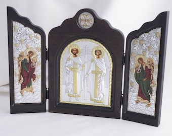 Greek Icons, Color Icon Triptych Of The Saints CONSTANTINE And HELENA, Silver Handmade Icons, Orthodox Christian Icons, Byzantine Icons