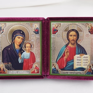 Diptych Icon Of Kazan MOTHER Of GOD And Jesus CHRIST, Handmade Icons Of Theotokos And Jesus Christ, Foldable Icon, Orthodox Diptych 7.9x4.5&quot;