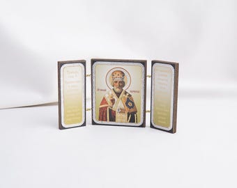 Tryptyk Prawosławne Ikony, Ikona Świętego MIKOŁAJA, Ręcznie Robiona Prawosławna Ikona Świętego Ojca Mikołaja, Ikony Bizantyjskie, Religijna Ikona Wystrój Domu