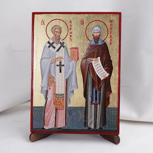 Icon Of SAINTS CYRIL And METHODIUS, Christian Icons, Handmade Orthodox Icon, Home Decor, Wood Icon, 6.7x9 inch