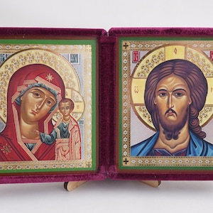Diptych Icon Of Kazan MOTHER Of GOD And Jesus CHRIST, Handmade Icons Of Theotokos And Jesus Christ, Foldable Icon, Orthodox Diptych 7.9x4.5&quot;