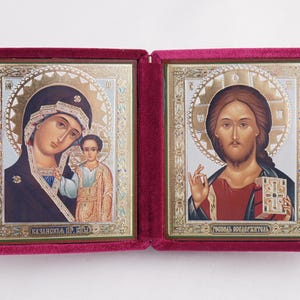 Diptych Icon Of Kazan MOTHER Of GOD And Jesus CHRIST, Handmade Icons Of Theotokos And Jesus Christ, Foldable Icon, Orthodox Diptych 7.9x4.5&quot;