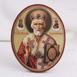 Icoon van Sint-Nicolaas, ovale iconen, handgemaakt orthodox icoon van Sinterklaas, orthodoxe iconen, decor icoon interieur 5,1 x 6,3&quot;