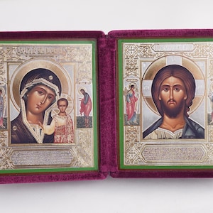 Diptych Icon Of Kazan MOTHER Of GOD And Jesus CHRIST, Handmade Icons Of Theotokos And Jesus Christ, Foldable Icon, Orthodox Diptych 7.9x4.5&quot;