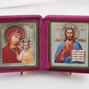 Diptych Icon Of Kazan MOTHER Of GOD And Jesus CHRIST, Handmade Icons Of Theotokos And Jesus Christ, Foldable Icon, Orthodox Diptych 5.9x3.1&quot;
