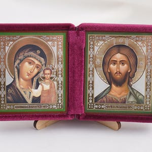 Diptych Icon Of Kazan MOTHER Of GOD And Jesus CHRIST, Handmade Icons Of Theotokos And Jesus Christ, Foldable Icon, Orthodox Diptych 5.9x3.1&quot;